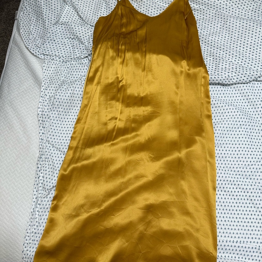 Reformation Gold Silk Slip Dress with V-Neck and Spaghetti Straps
